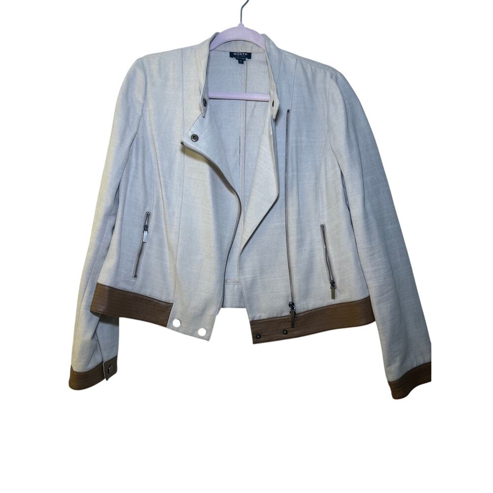WORTH New York Beige Brown Trim Moto Jacket Zip Front Size 8